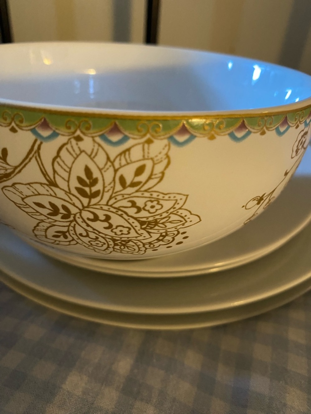 222 Fifth Peacock Garden Soup Cereal Bowls Fine China Porcelain Gold Trim x 2 - Picture 12 of 16